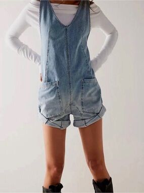 Free People We The Free High Roller Shortall Denim Romper, Size L